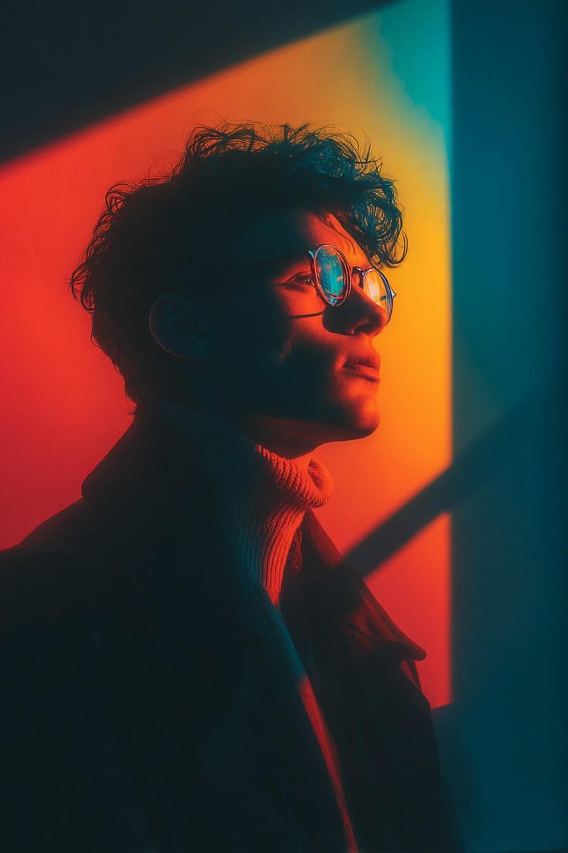 Cinematic Portrait with Geometric Light and Color Contrast