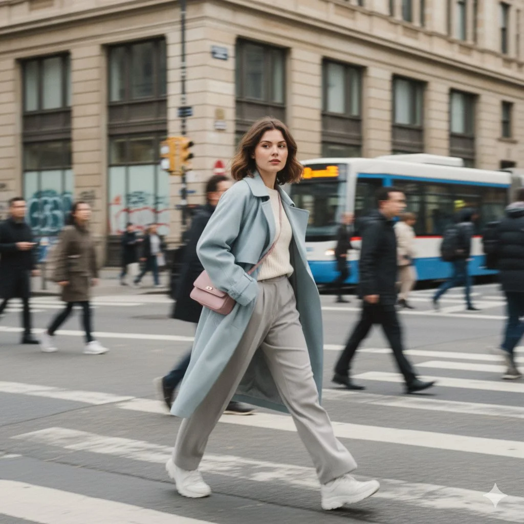 Cinematic Street Photography, Stylish Young Woman in Motion, Urban Environment, Motion Blur Effect