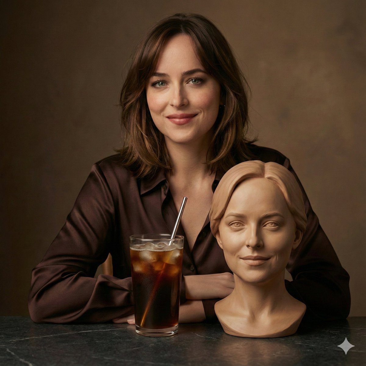 Cinematic Studio Portrait: Woman in Mocha Satin Shirt with Ceramic Bust Sculpture