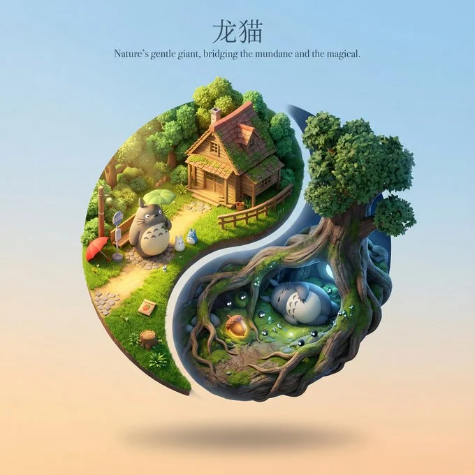 Clear, Floating 3D Cartoon Diorama Scene with Yin-Yang Layout
