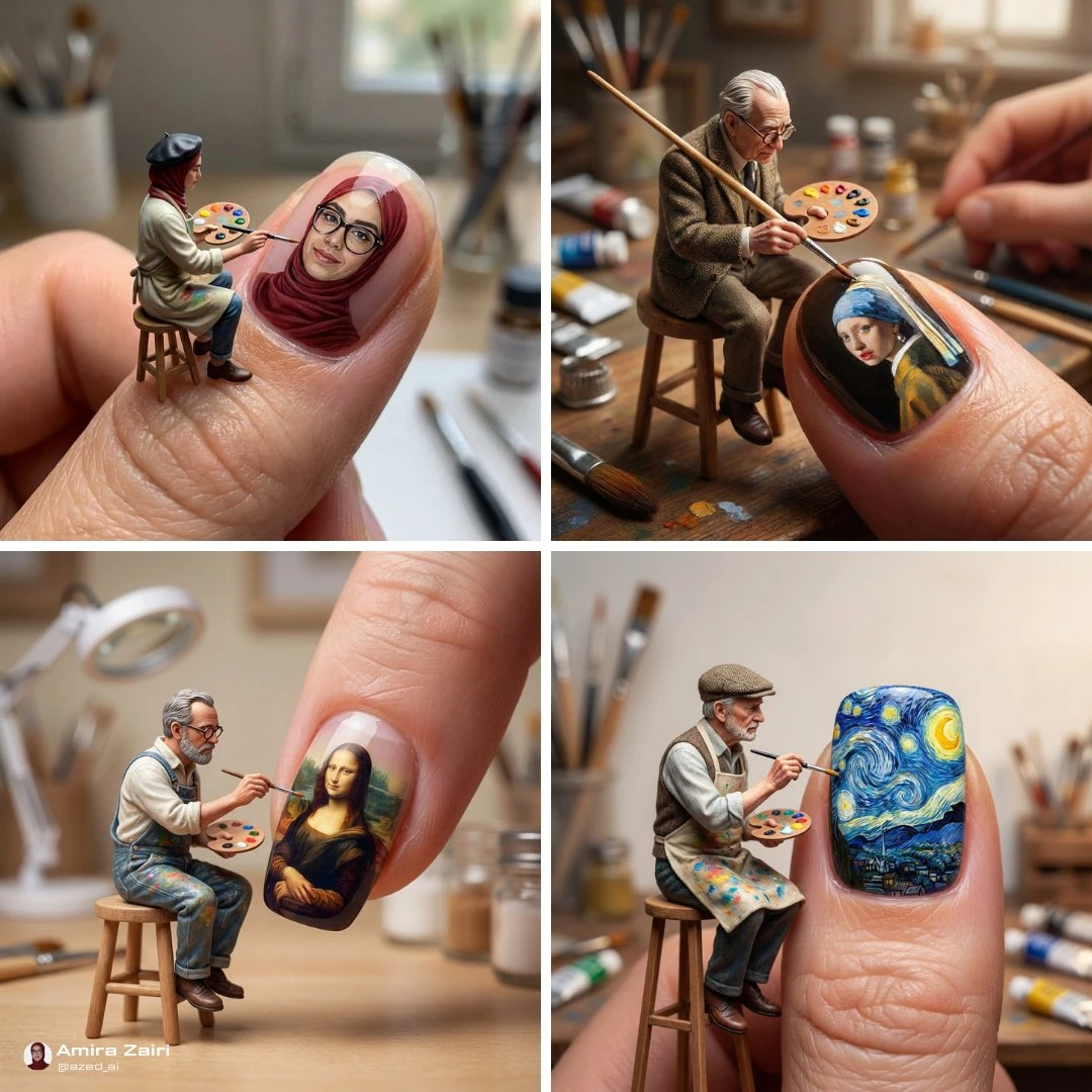 Close-up, hyper-realistic photograph of a tiny artist painting on a giant human fingernail