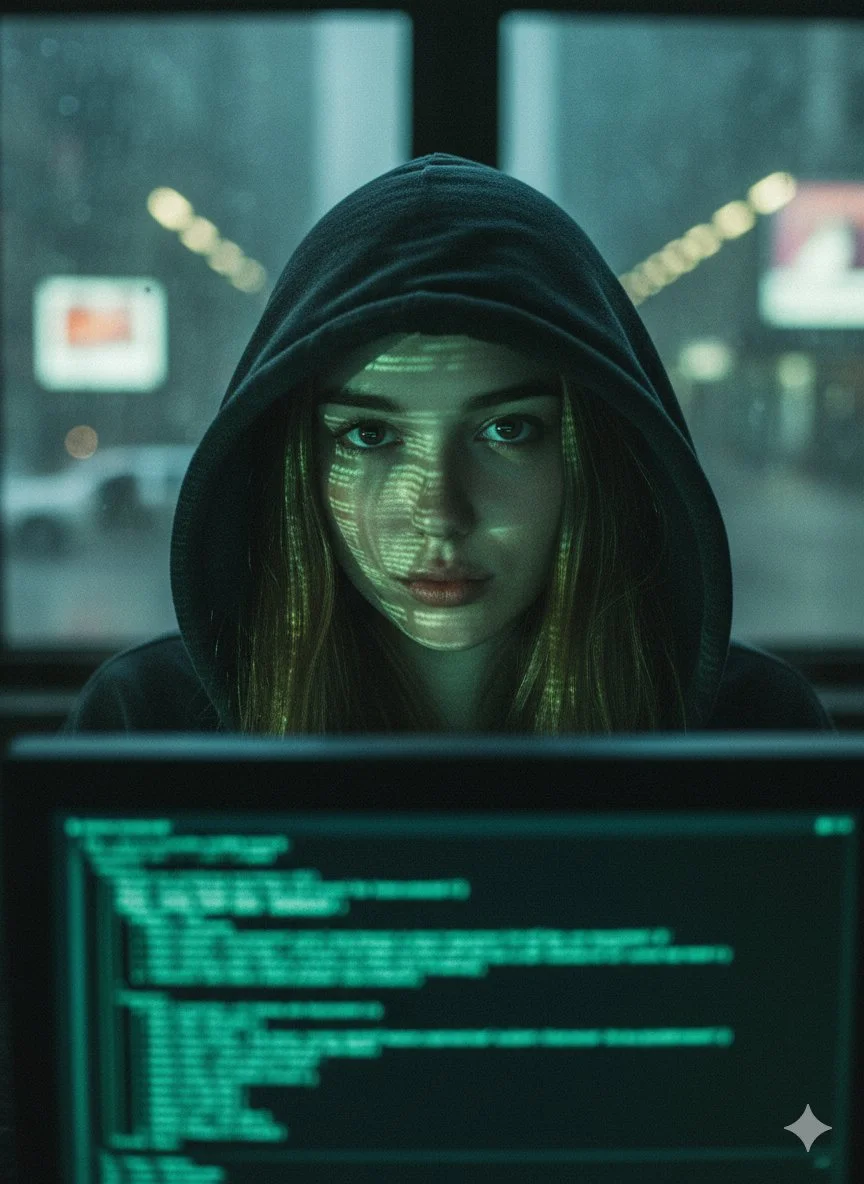 Close-up portrait of a young woman in a dark hooded sweatshirt, reflecting green digital code on her face, set