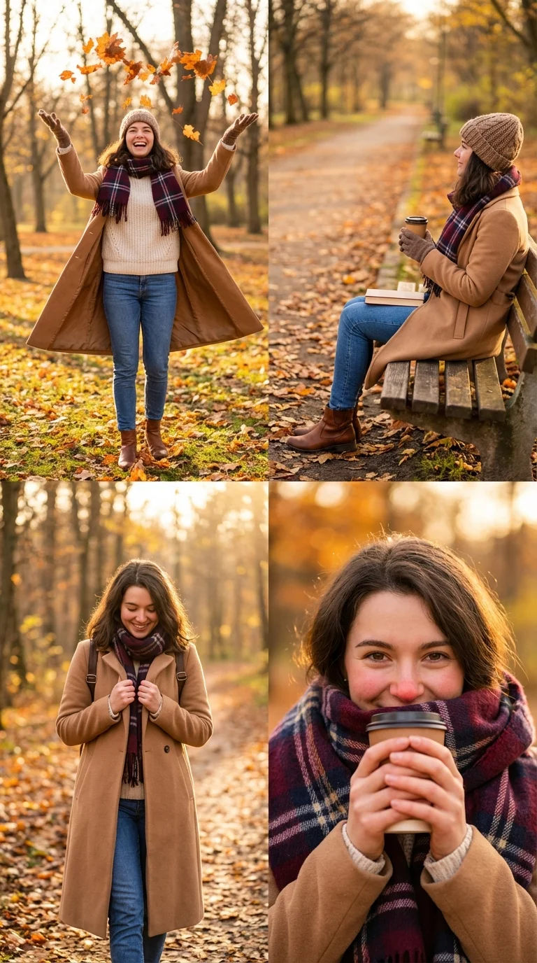 Cohesive 4-Panel Fashion Lifestyle Collage with Young Woman in Autumn Outfit