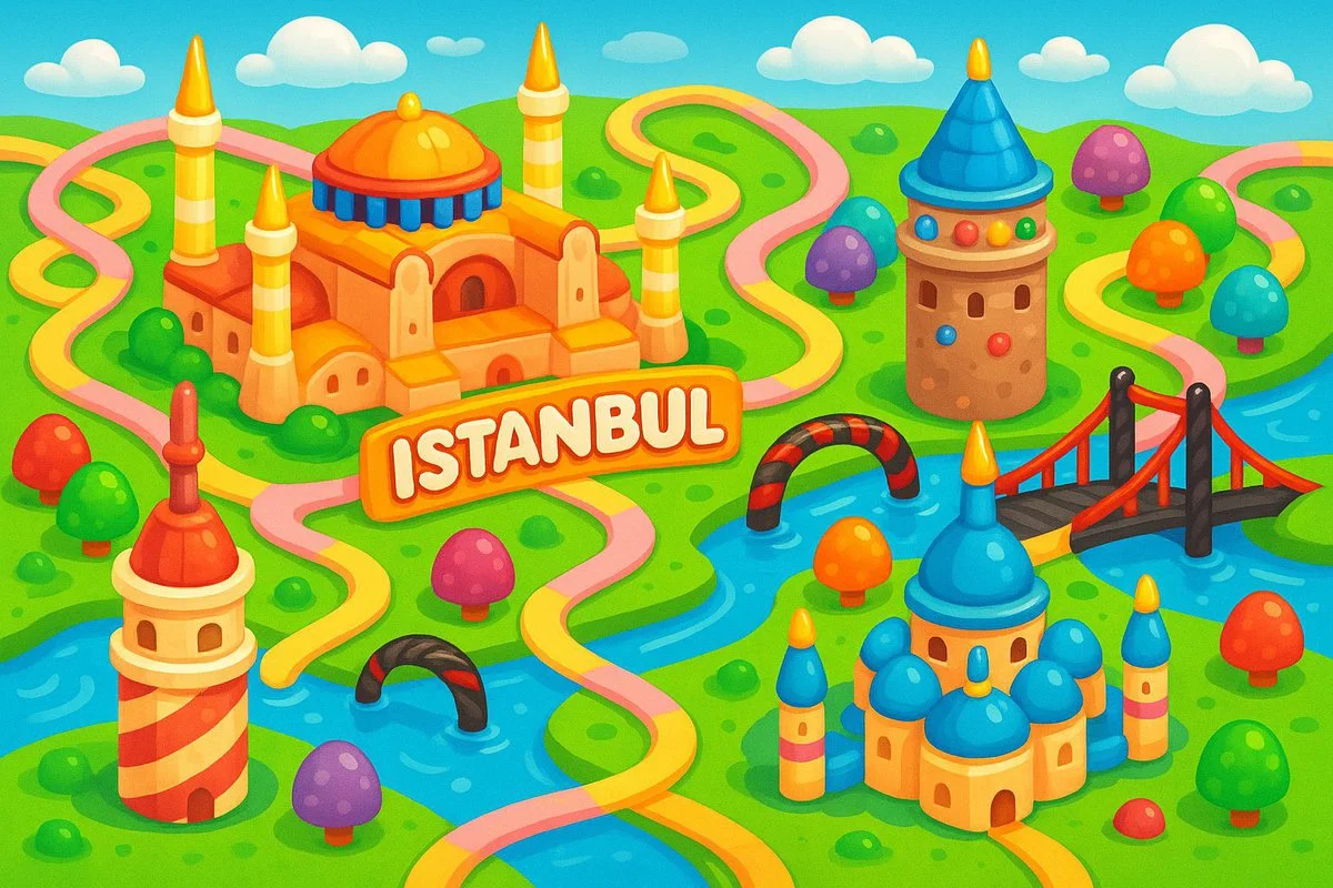 Colorful 2D Map of [City Name] in Candy Crush Saga Style