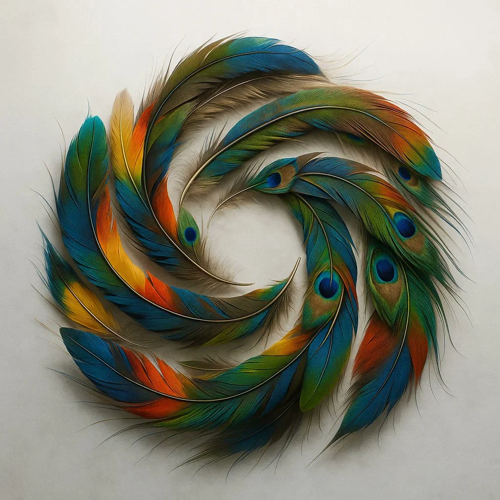 Colorful OpenAI logo made of exotic bird feathers