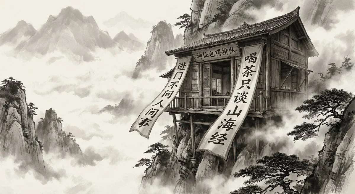 Combination of Ink wash painting and realistic photography: An ancient wooden tea house on the cliff