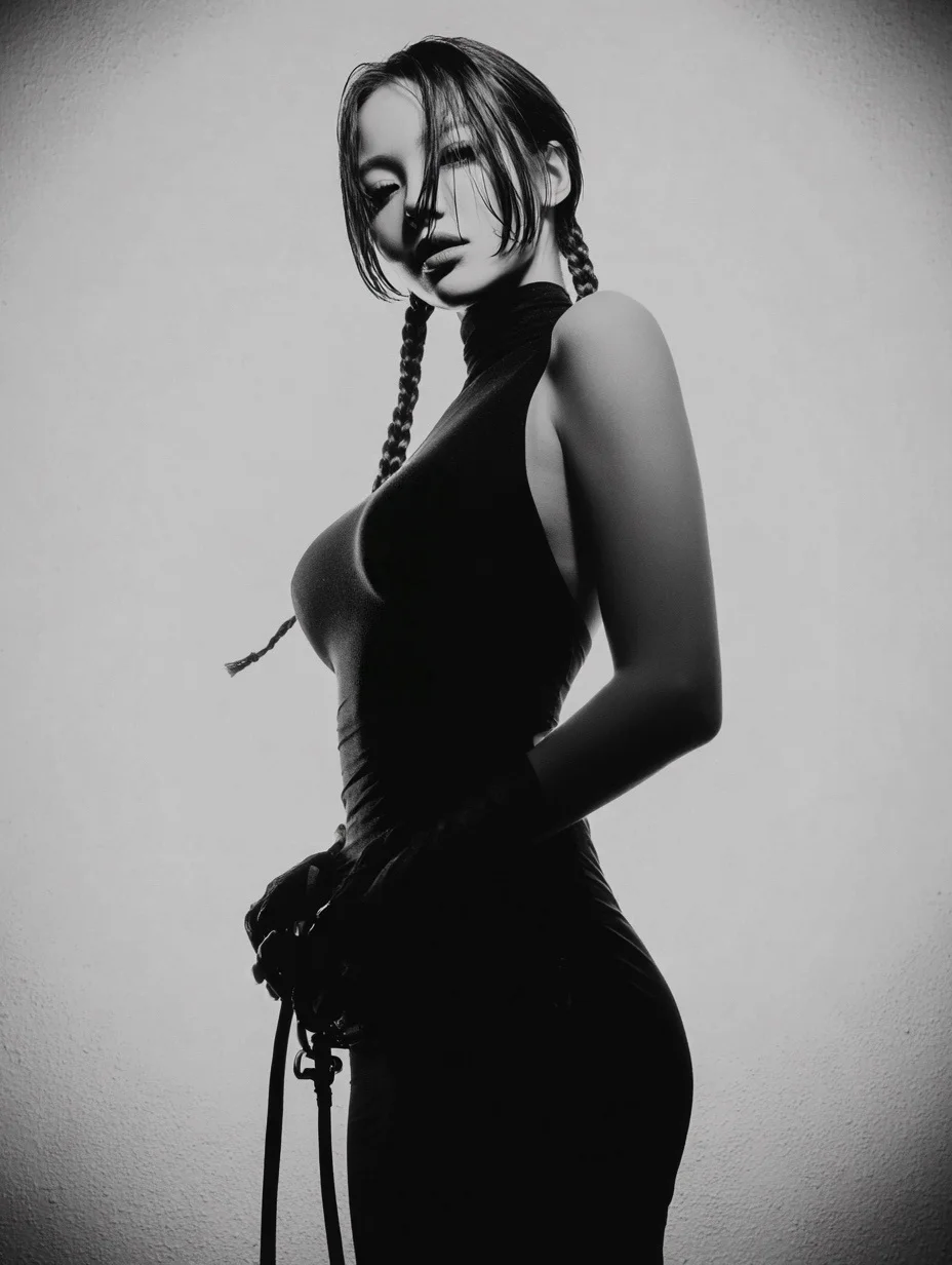Confident Woman's Half-Body Portrait in a Minimalist Studio