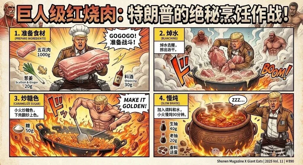 Cooking Process Diagram of Braised Pork with Trump as a Character