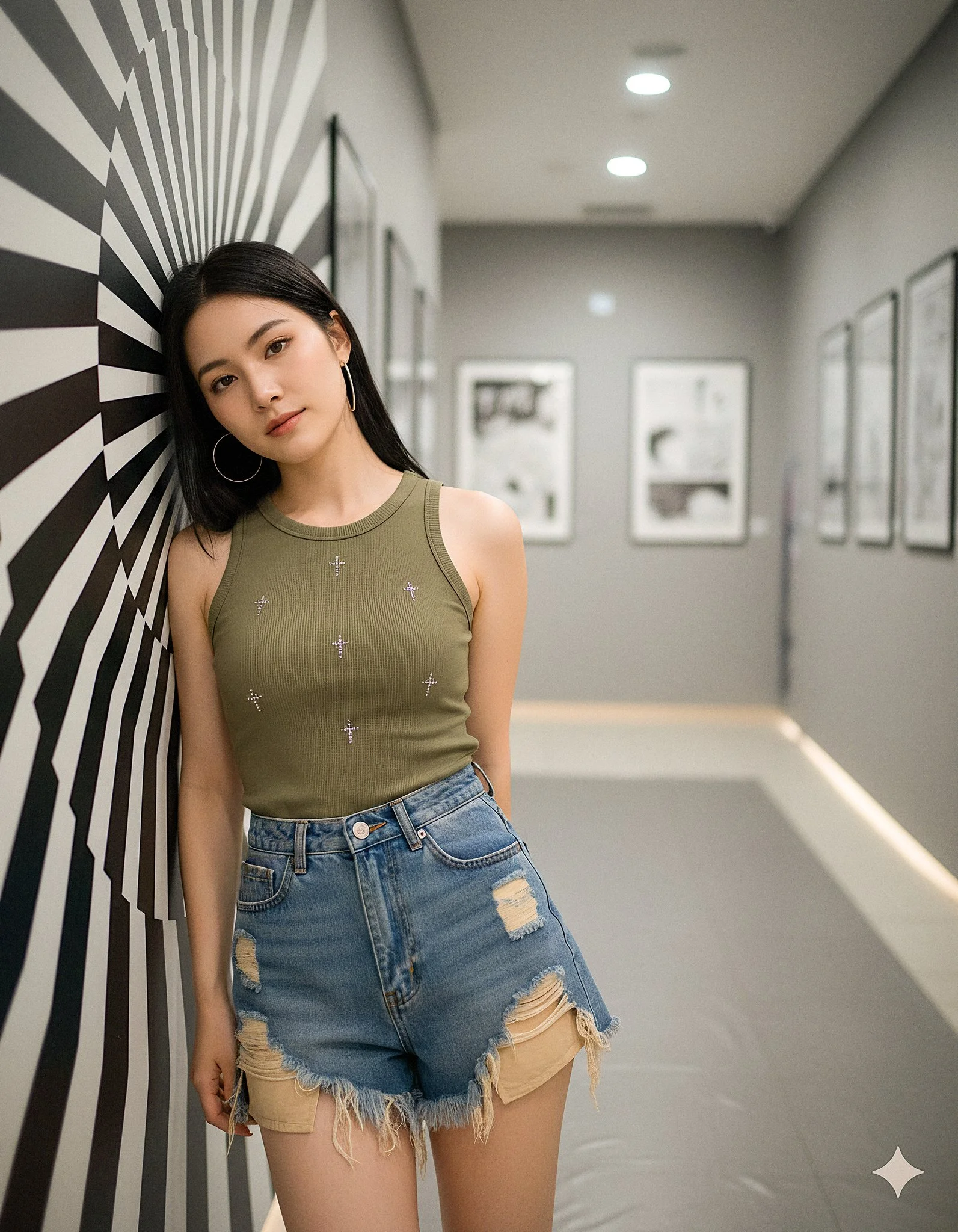 Cool and Mysterious Female Portrait in Modern Gallery Hallway