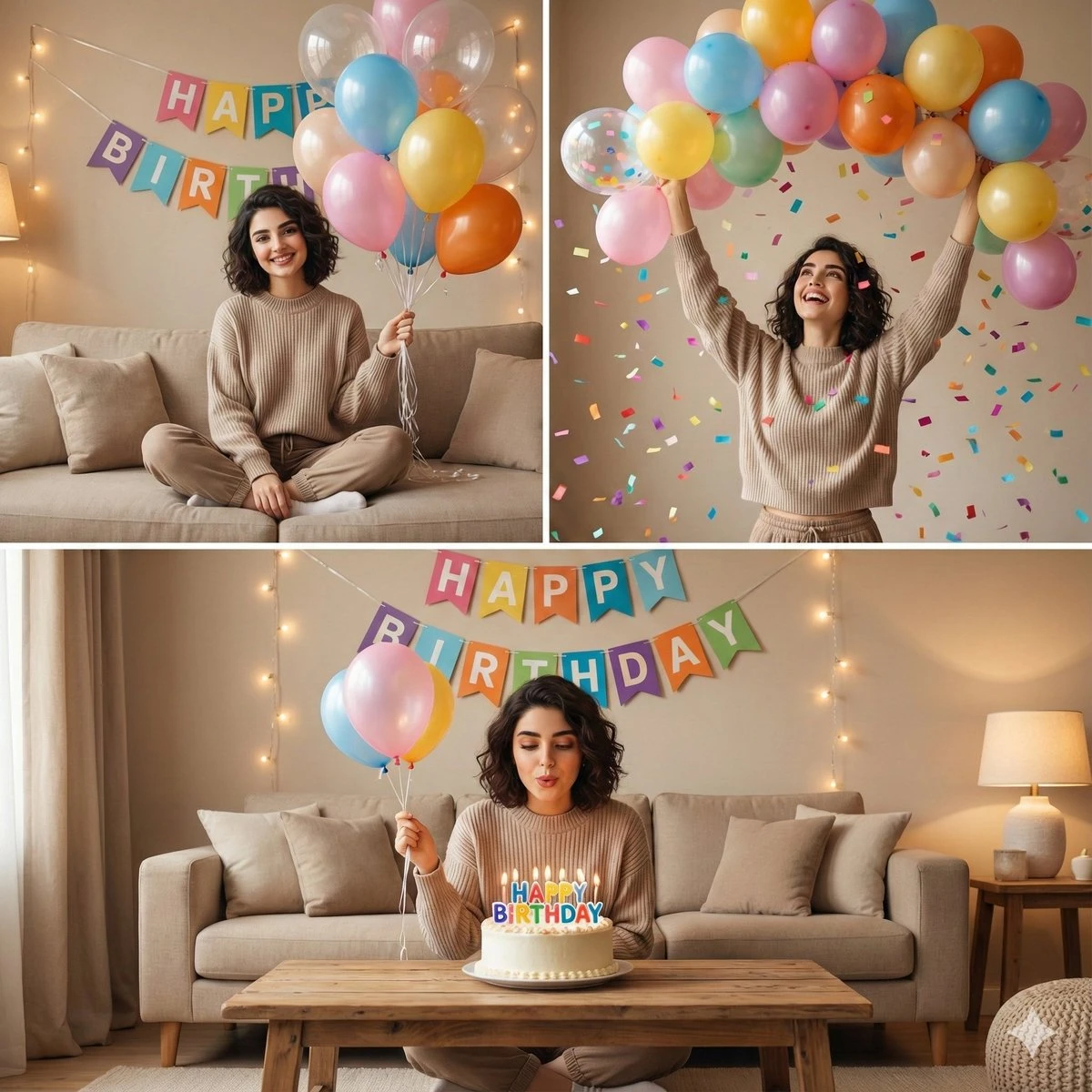 Cozy Indoor Birthday Celebration Collage with Multiple Moments of the Same Woman