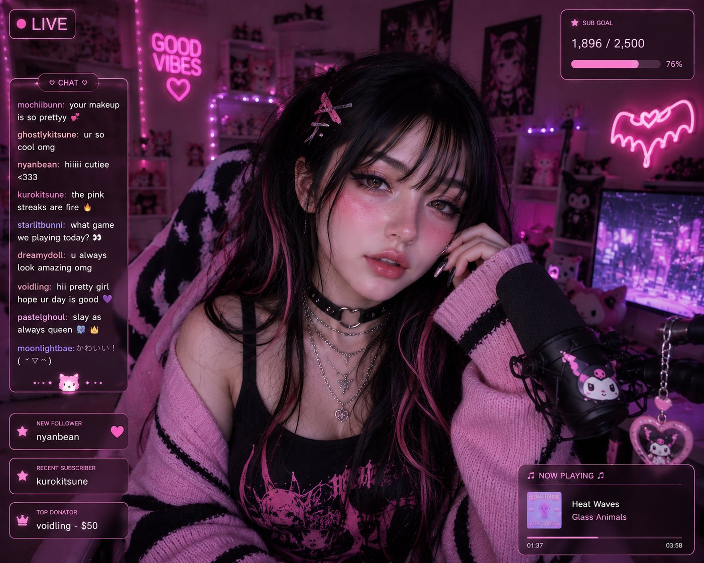 Cozy Neon Pink Gamer Girl Live Stream Shot