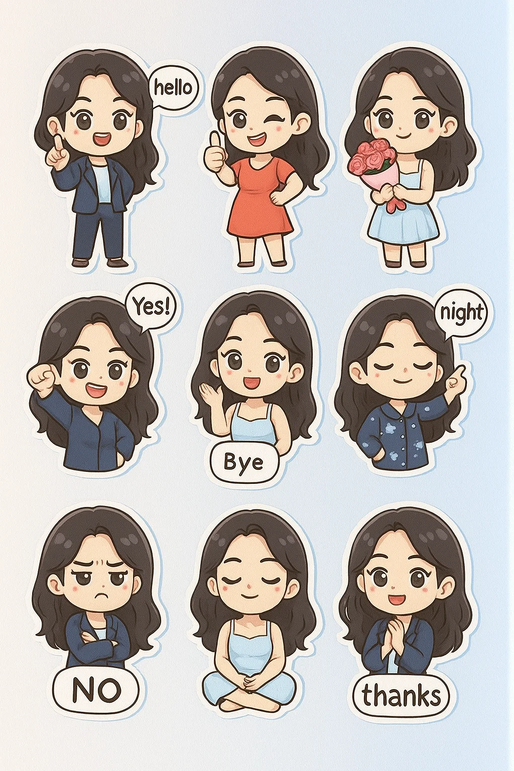 Create a 3D kawaii 10-16 canvas featuring nine chibi-style stickers in various outfits, poses, and expressions