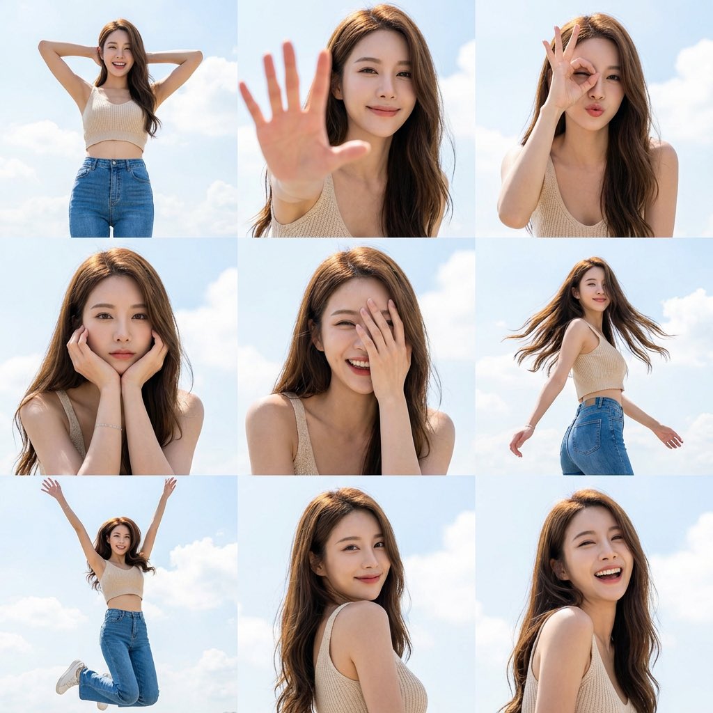 Create a 3x3 grid photo collage of nine dynamic poses of a female subject with sunny sky aesthetics