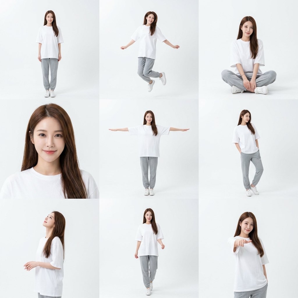 Create a 3x3 grid photo collage with minimalist white studio aesthetics