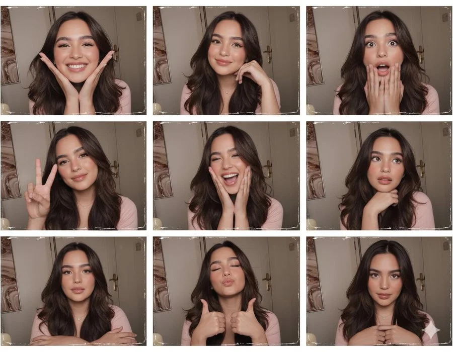 Create a 3x3 Photo Booth Grid with Unique Poses and Expressions