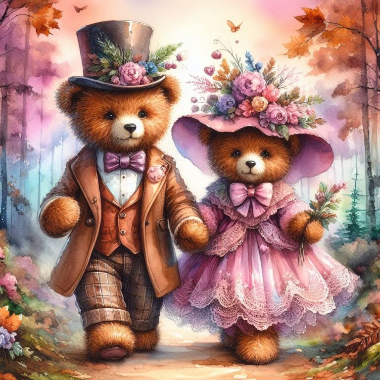 Mr. and Mrs. Teddy Bears in Forest