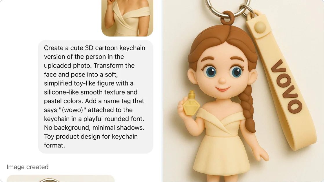 Create a cute 3D cartoon keychain version of the person in the uploaded photo