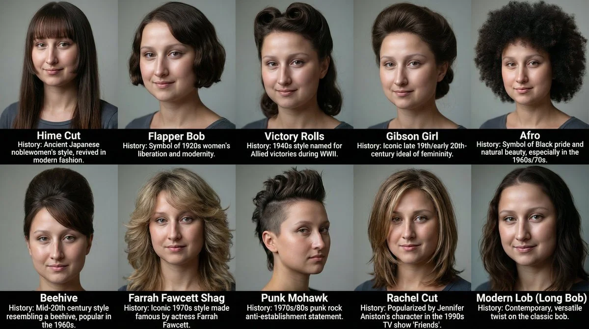 Create a grid of 10 different hairstyles for this women
