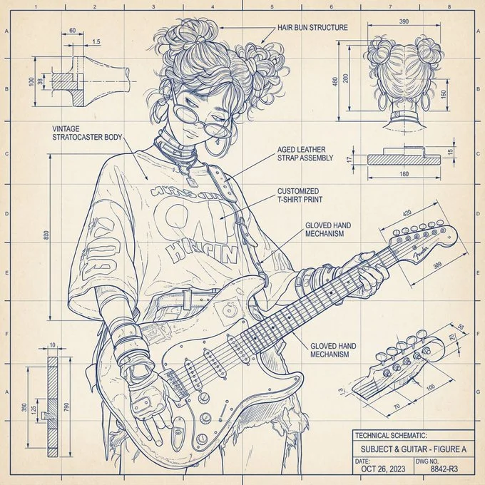Create a highly detailed blueprint-style technical schematic based on the uploaded photo
