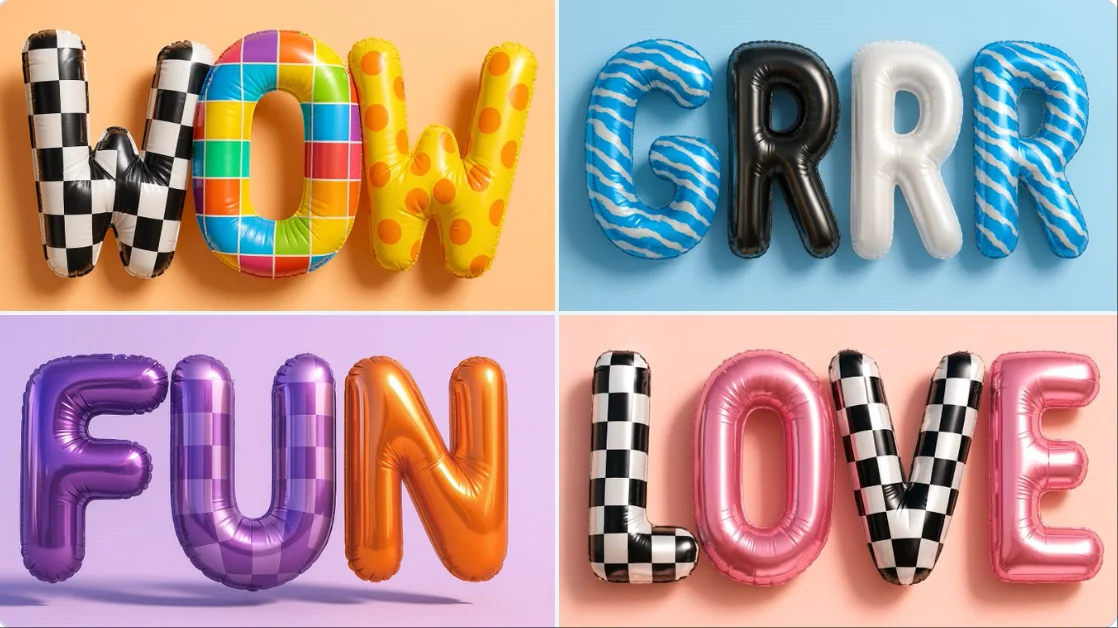 Create a hyper-realistic 3D rendering of balloon letters forming the word [WOW]