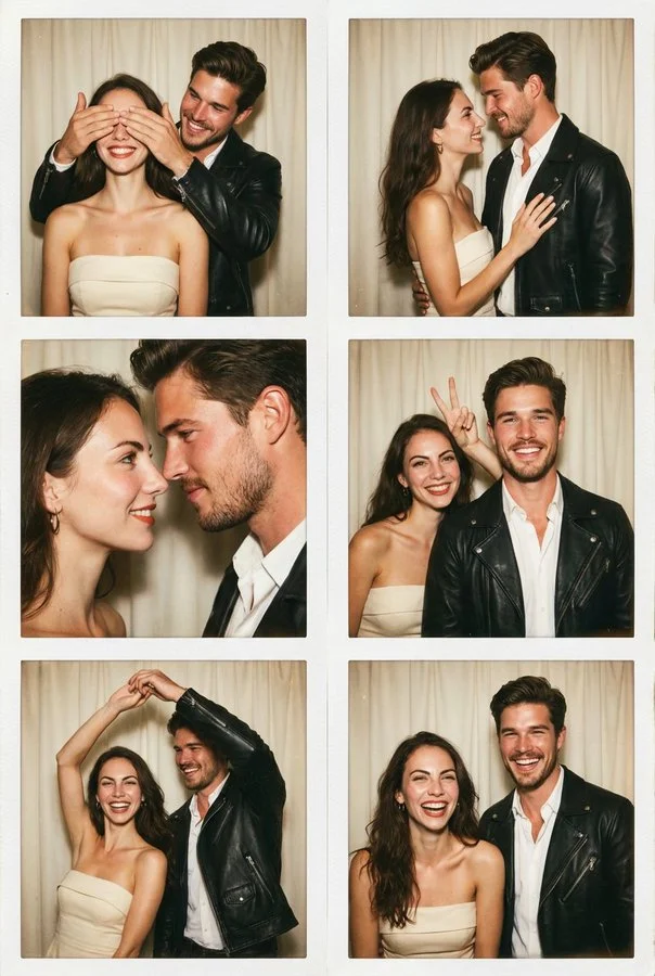 Create a realistic vintage-style photo booth / Polaroid photo collage featuring the same couple
