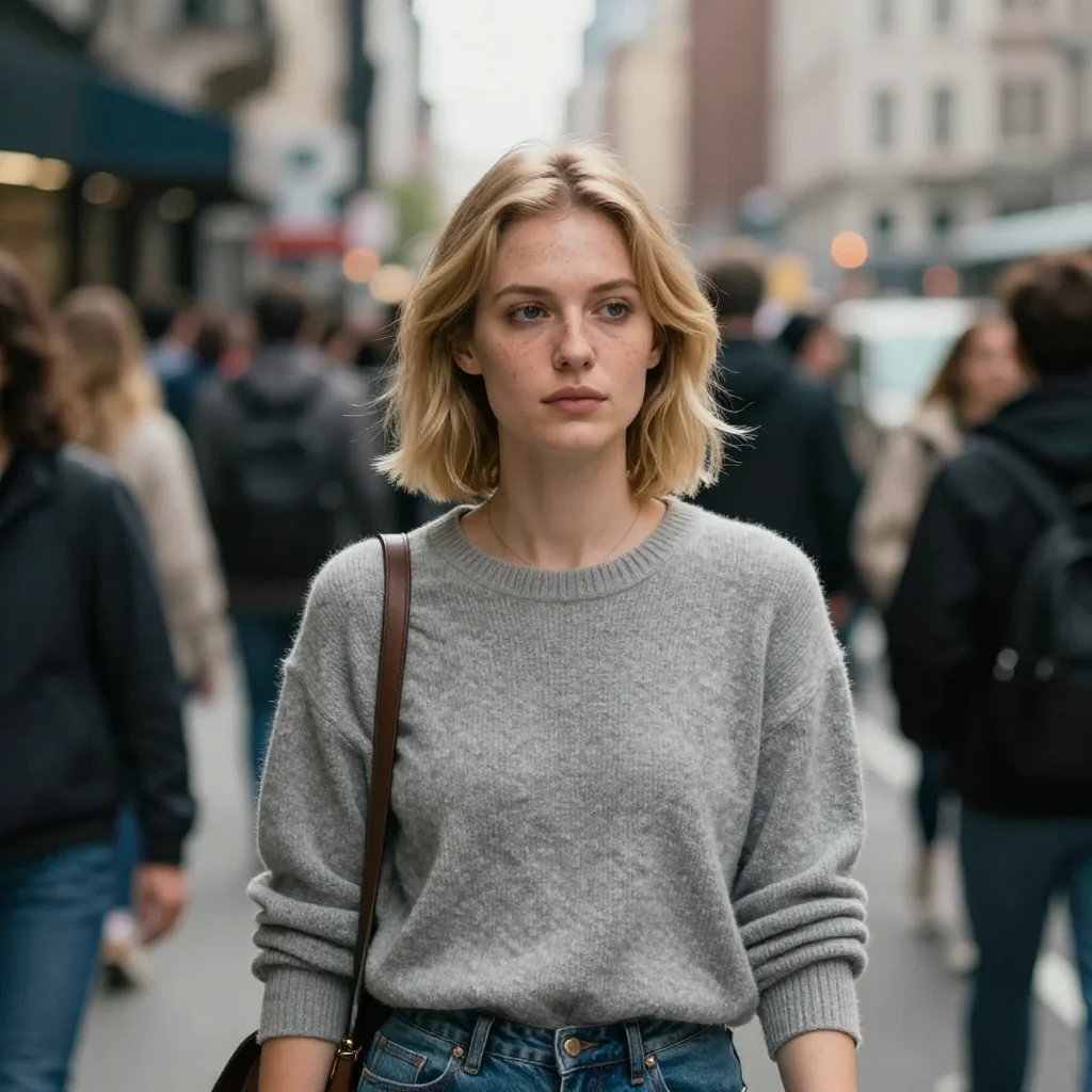 Create an ultra-realistic 8K candid street portrait capturing quiet emotion and authenticity within a crowded 