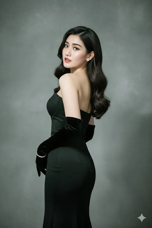 Create the highest-resolution picture of me posing elegantly with my back slightly turned and my head looking 