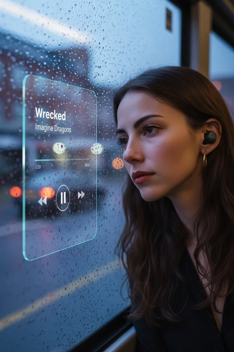 Creative Scene Composition: Bus Window Scene with Music UI