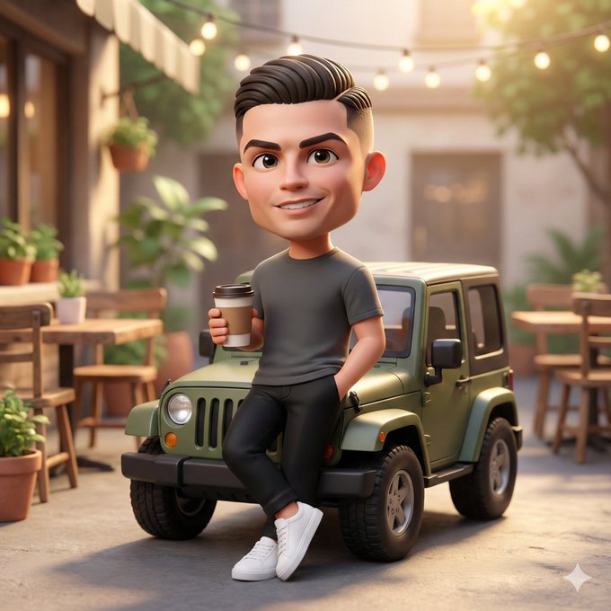 Cute 3D Chibi Character Leaning Against Mini Chibi Jeep