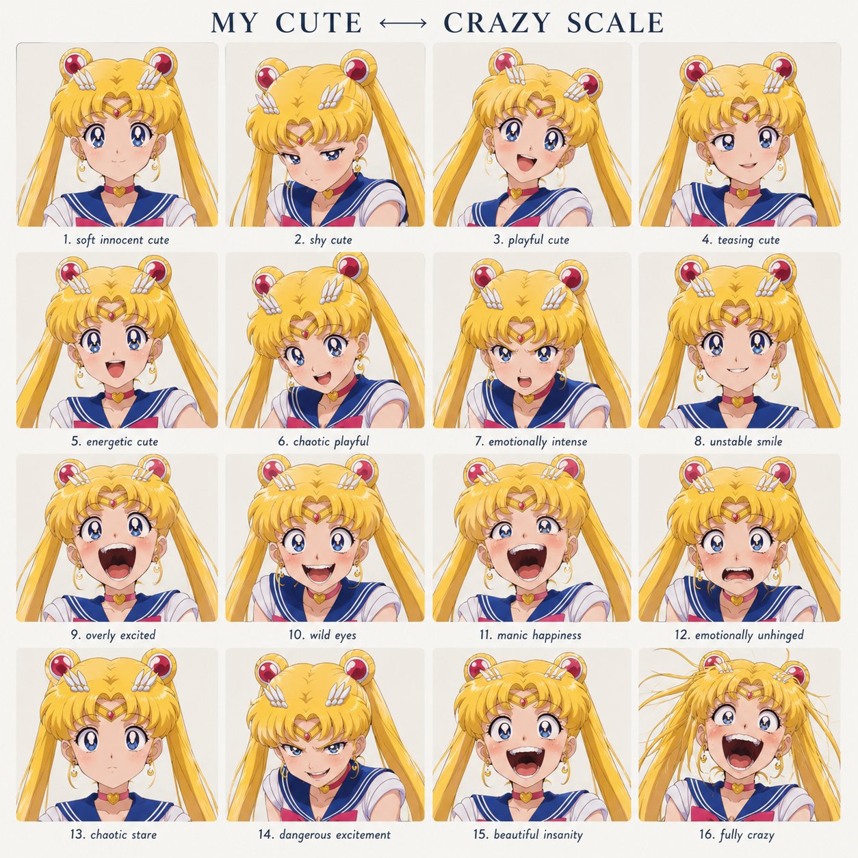 Cute Crazy Scale Anime Character Expression Sheet
