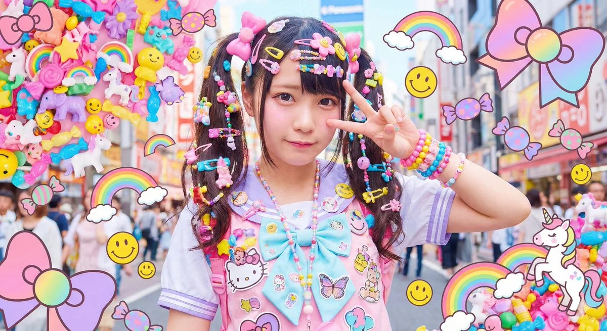 Cute East Asian Woman in Tokyo Street with Kawaii Pop Art