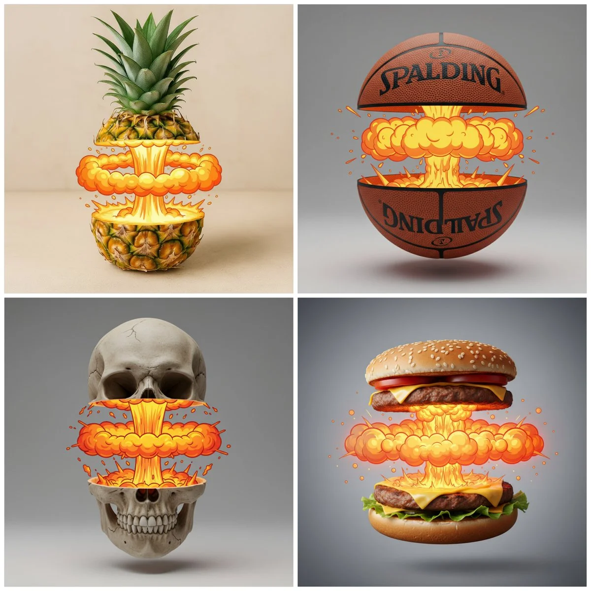 Cutting the [OBJECT] in Half with a Cartoon Nuclear Explosion Effect, Contrasting Realism and Cartoon Style