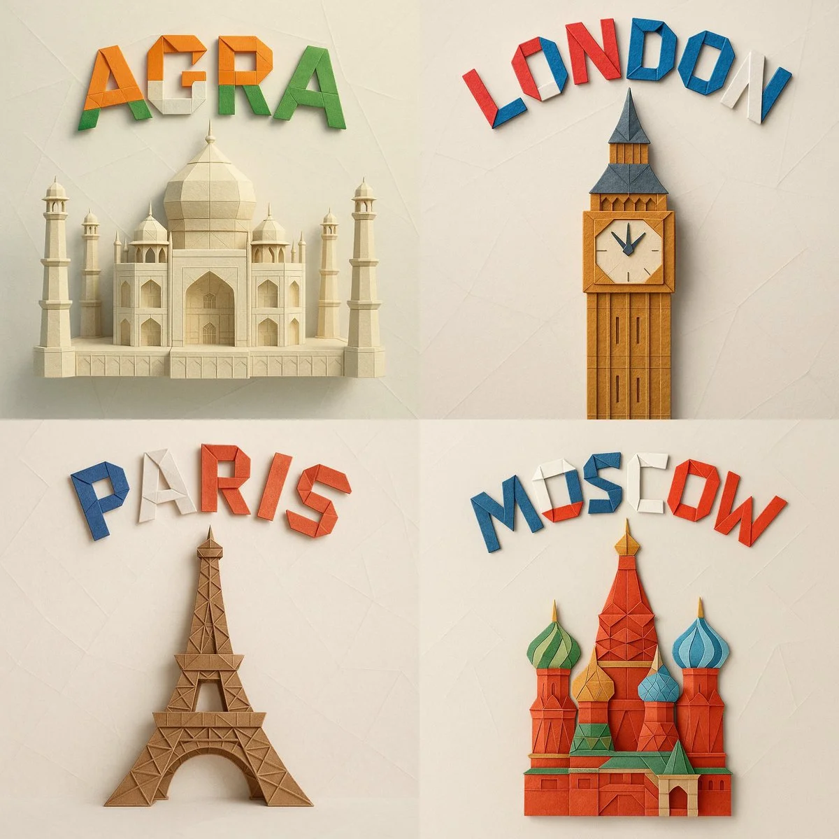 Digital photograph of intricate paper origami model representing (MONUMENT_NAME) with (CITY_NAME) in bold orig