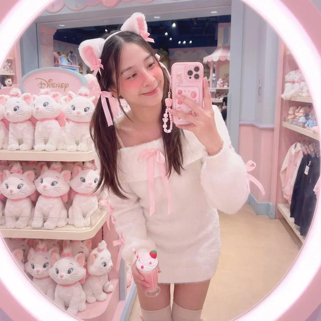 Disney Store Kawaii Mirror Selfie with Fluffy Pink Aristocats Theme