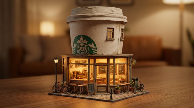 Dreamlike Miniature Urban Scene with Oversized [BRAND PRODUCT] as a Charming Café