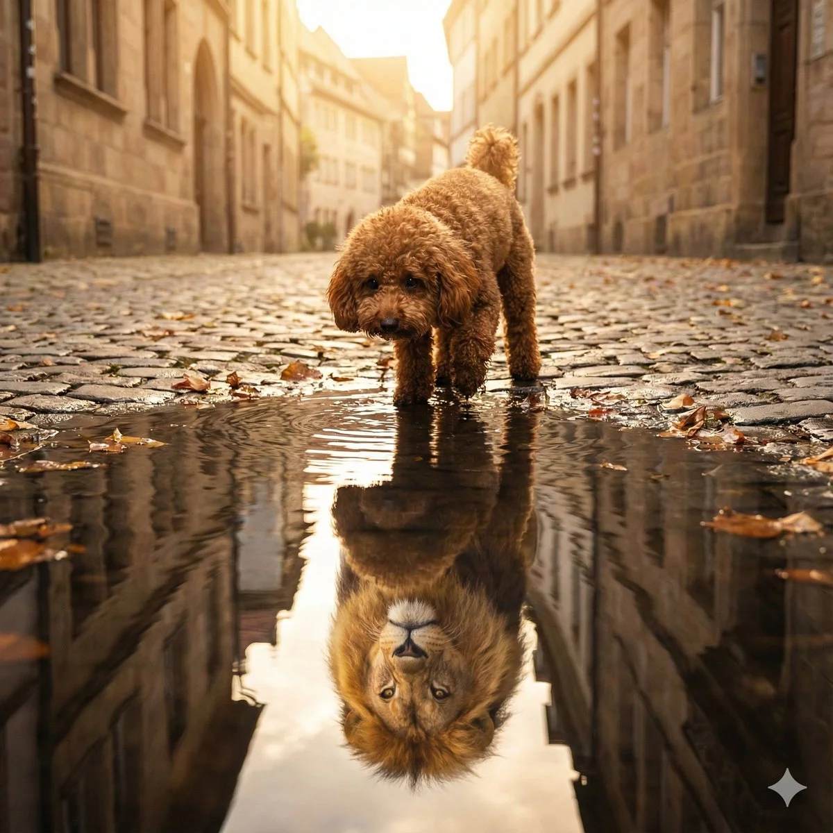 Dreamlike Scene of a Small Reddish-Brown Poodle and a Lion's Reflection