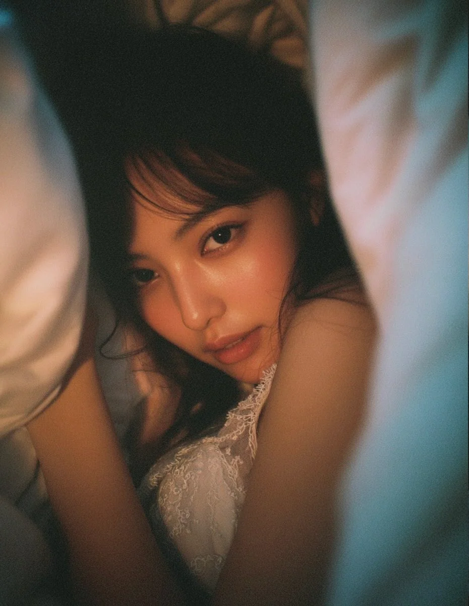 Dreamy Intimate Portrait of a Beautiful Asian Woman in a Cozy Bedroom