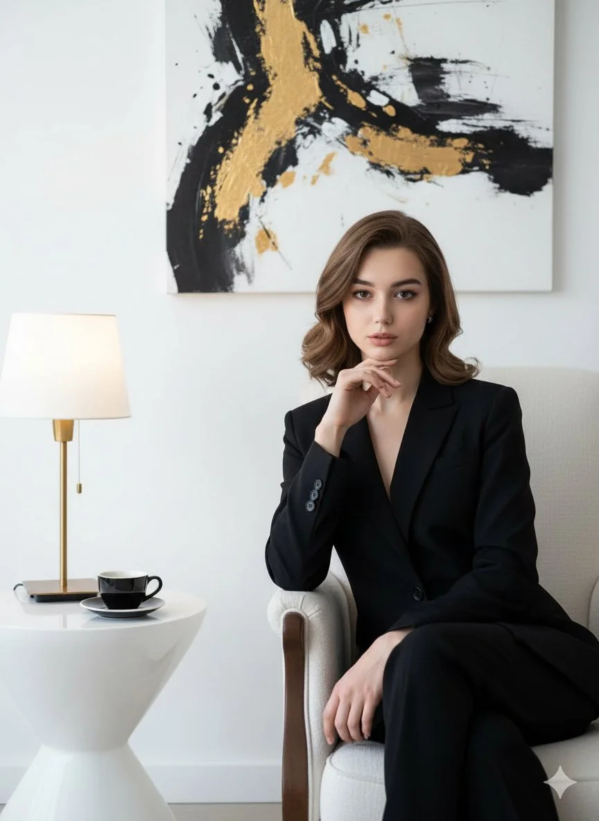 Elegant and Confident Woman Sitting on a Luxurious White Chair