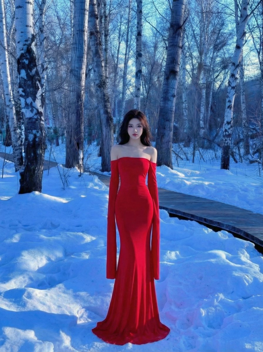 Elegant Red Dress Back in Winter Birch Forest