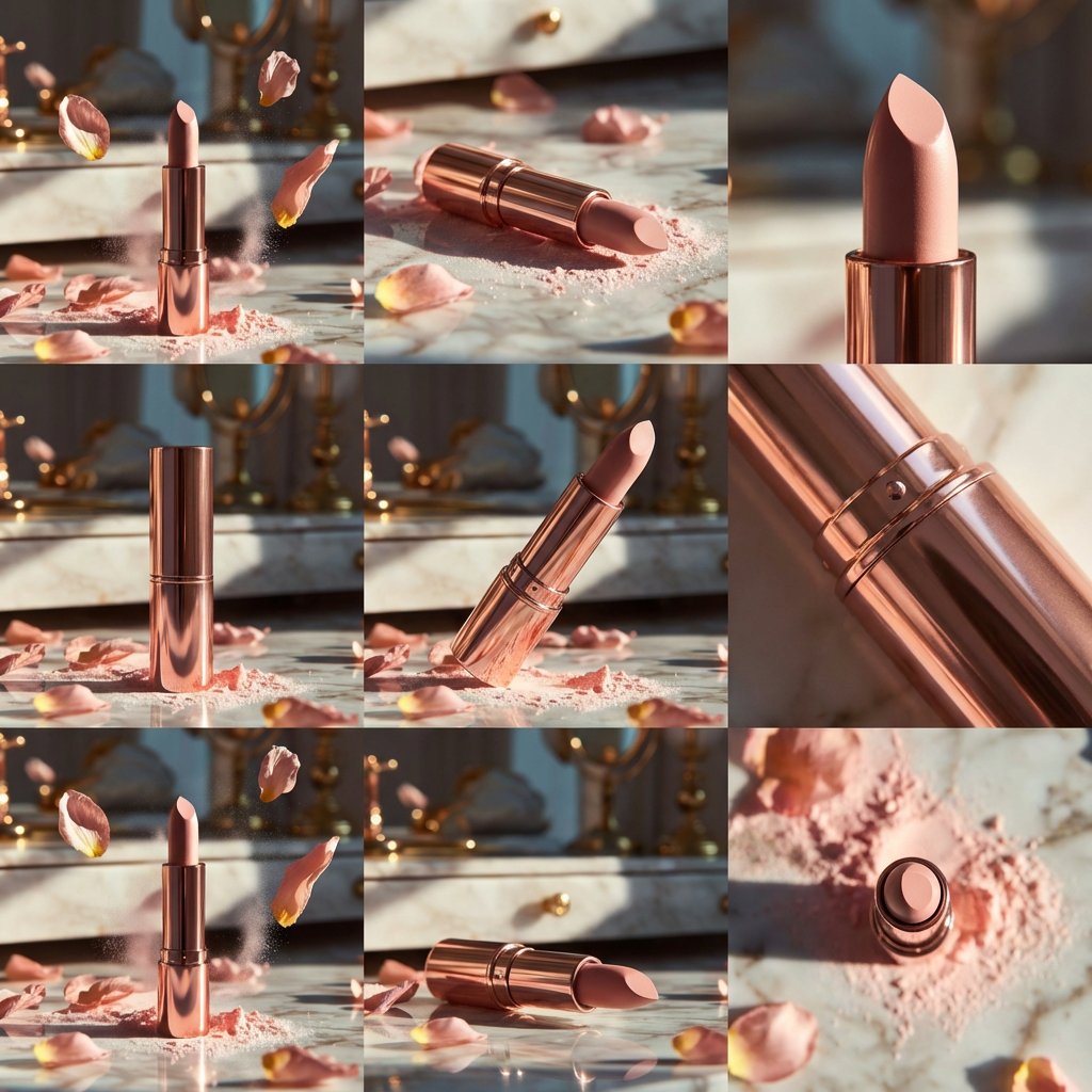 Elegant Rose-Gold Lipstick on Reflective Marble with Flying Petals