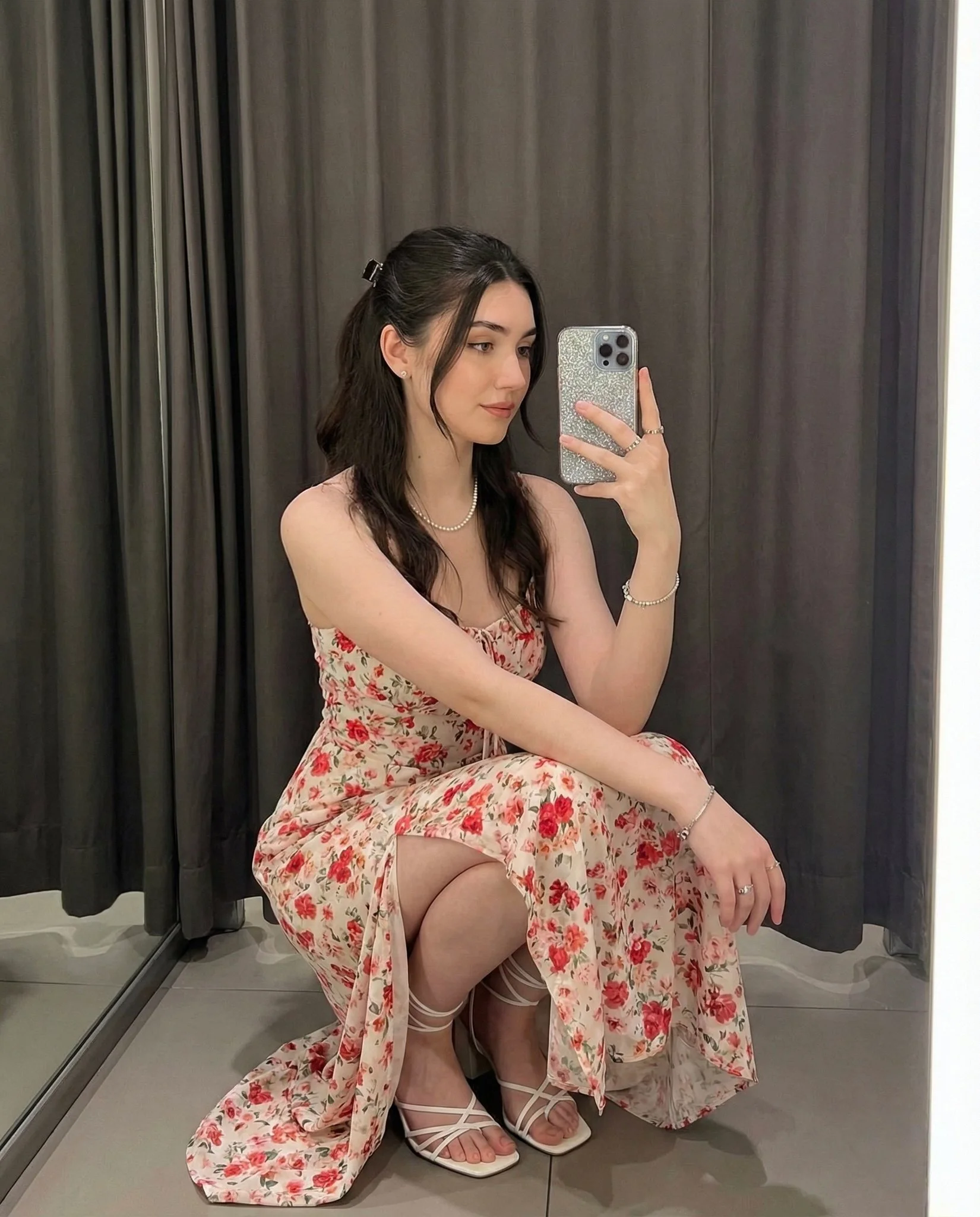 Elegant Squatting Selfie Image Generation of Young Woman Indoors
