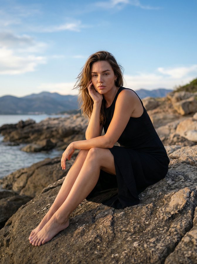 Elegant Woman on Coastal Rock Portrait