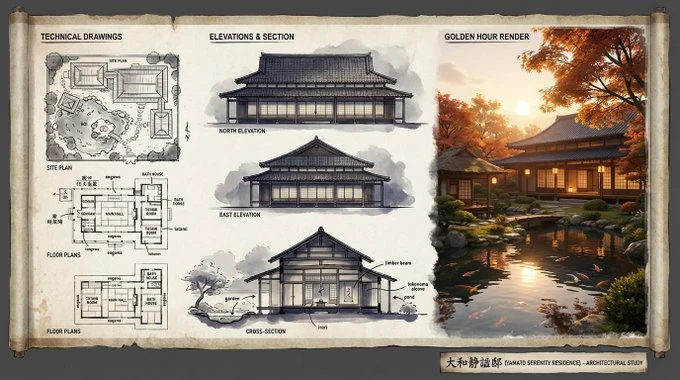 Expert Architectural Illustrator's Presentation Board for [STYLE] Residence Featuring [KEY ARCHITECTURAL ELEME