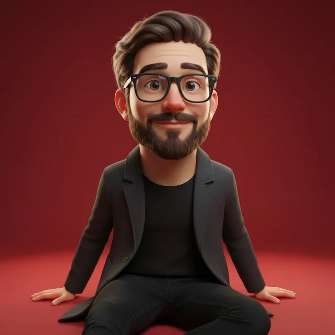 Expressive 3D caricature with playful exaggeration and bold color background