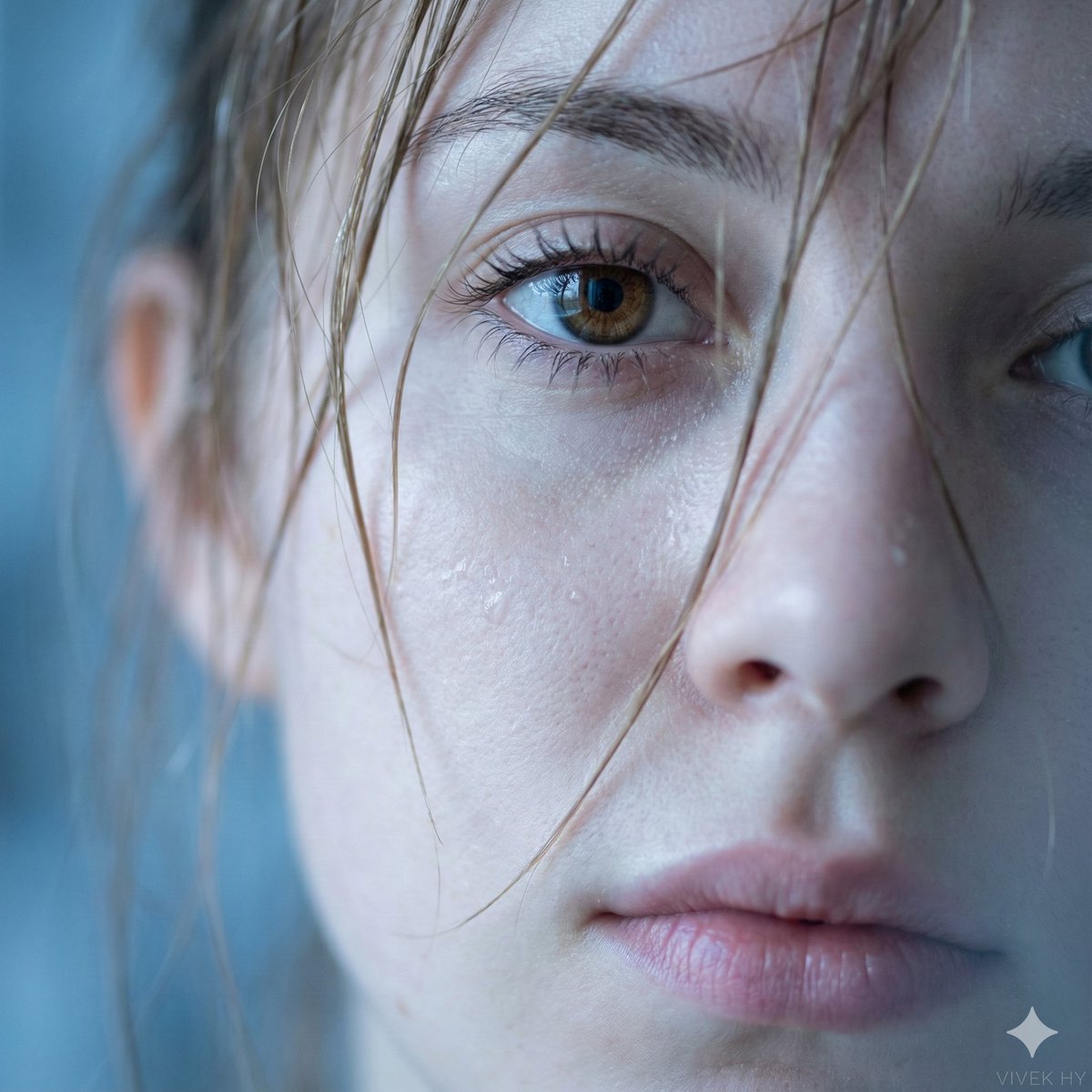 Extreme close-up macro portrait of a young woman's face, focusing on one eye, nose, and lips