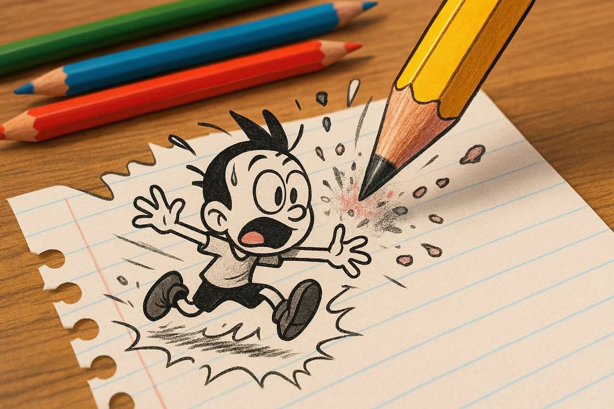 Fantasy Cartoon Character Escaping from a Giant Pencil