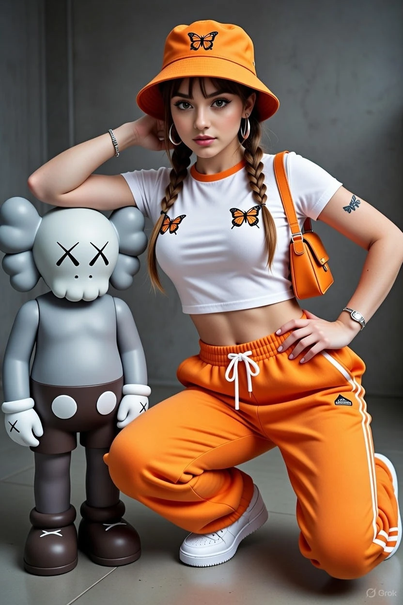 Fashion Woman with KAWS Art Statue Street Style