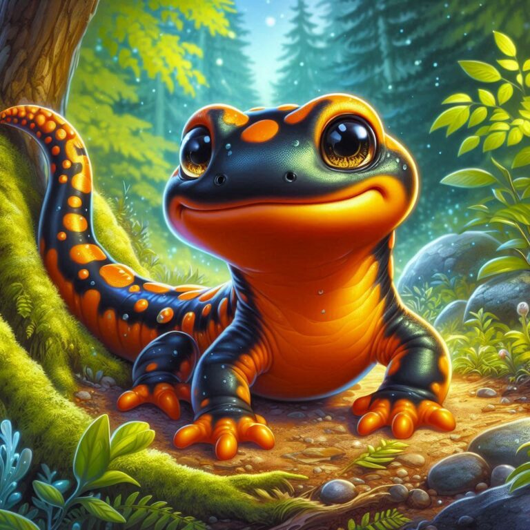 Adorable Cartoon Baby Salamander Storybook Forest Painting