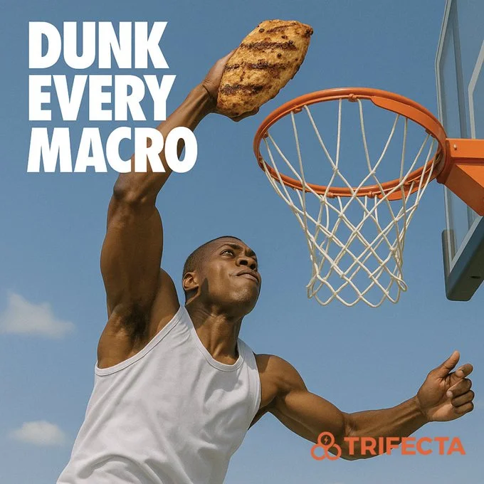 Fitness Scene: Muscular African Man Dunks Grilled Chicken Breast into Basketball Hoop with Trifecta Logo