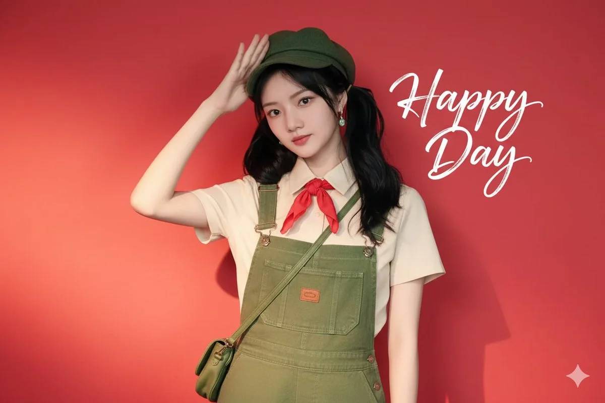 Fresh Portrait: beige shirt with green overalls, calligraphy 'Happy Day' on a red background